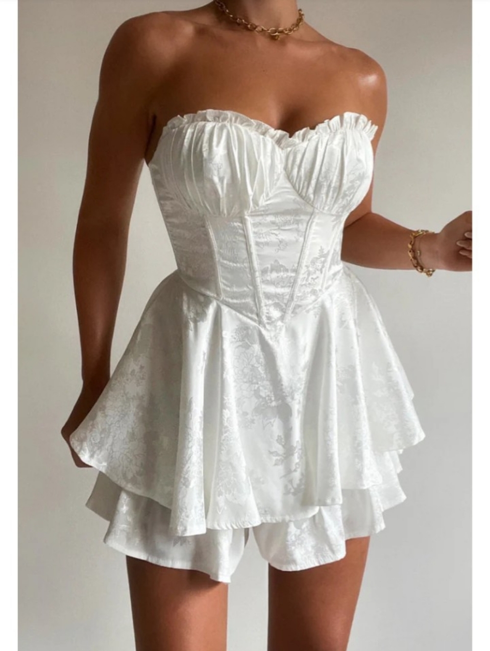 Strapless White Jacquard Bustier Mini Dress